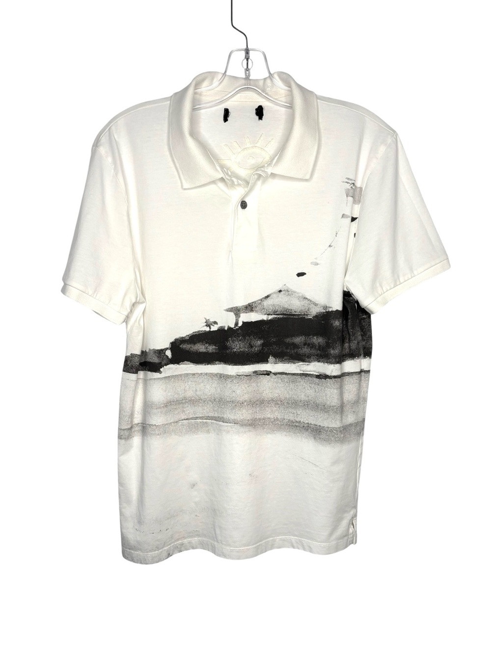 Desigual White Polo with Black Monochrome Landscape Print Cotton NWOT Small